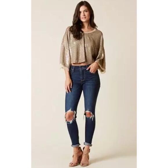 Free People Top Womens Small Gold Champage‎ Dreams Sequin Blouse Glam - Picture 4 of 10